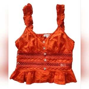 Ruffled Lace Cami Tank Top Sz XS Orange-red V-neck Button-down Crop Boho Cottage